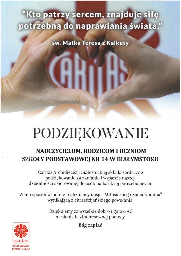 podziekowanie od Archidiecezji Białostockiej i Caritas